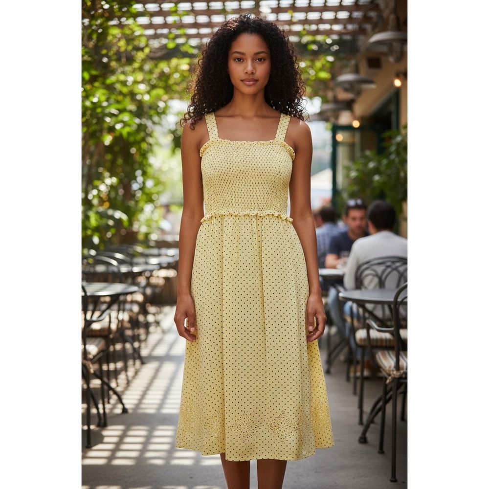 Aerie Yellow Polka Dot Smocked Midi Dress Eyelet Hem 071-7495-2213 Womens Medium